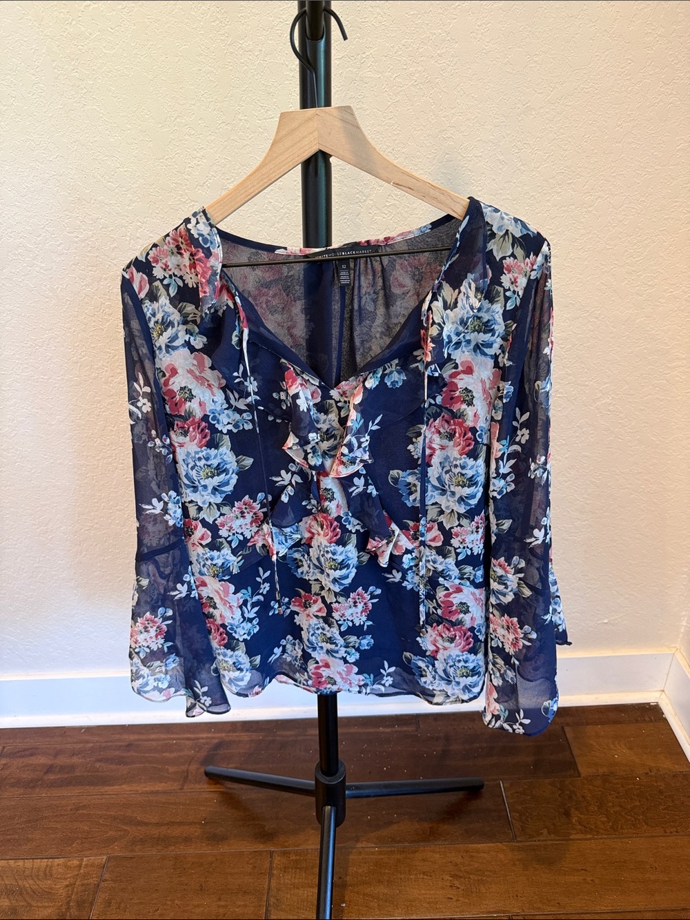 White House Black Market Navy Floral Ruffle V-Neck Sheer Blouse
